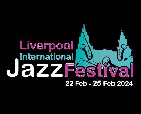 Liverpool International Jazz Festival words and date on a black background, accompanied by a musical motif of the Liver Birds.